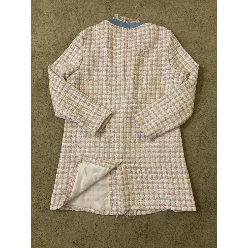 Venus Pink & Pastel Blue Tweed Fringe Open Front Longline Jacket Size 14 - Picture 15 of 16